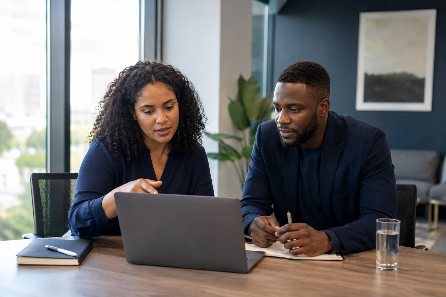 Two technology consultants reviewing a project together